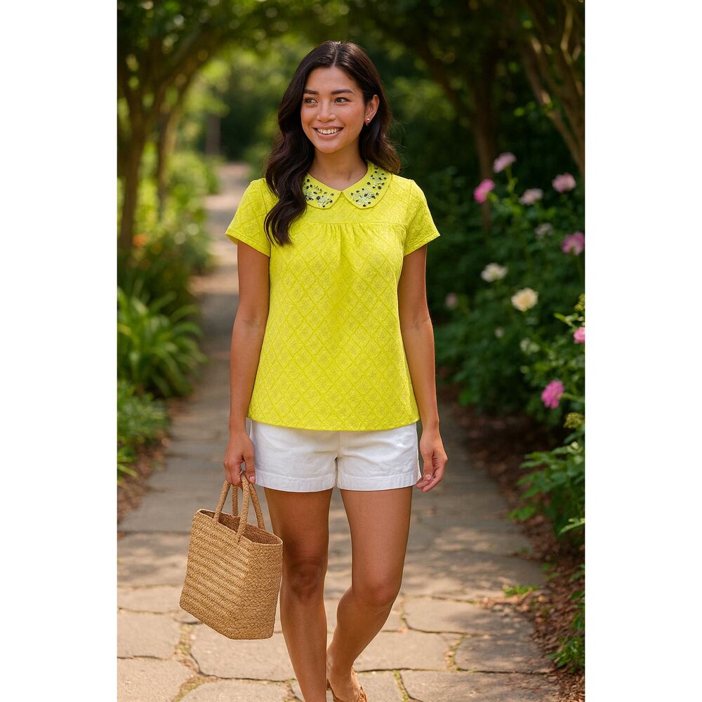 ANTHROPOLOGIE Postmark Yellow Jacquard Beaded Peter Pan Collar Short Sleeve Top